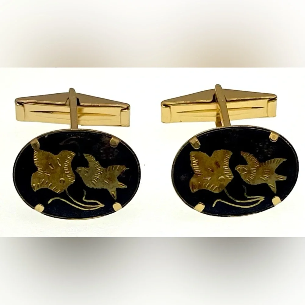 Vintage Gold Tone and Black Damascene Cufflinks